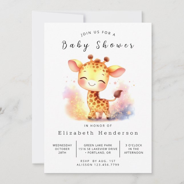 Whimsy Printable Giraffe Baby Dusche Einladung (Vorderseite)