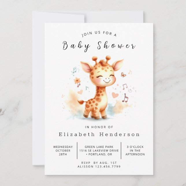 Whimsy Printable Giraffe Baby Dusche Einladung (Vorderseite)