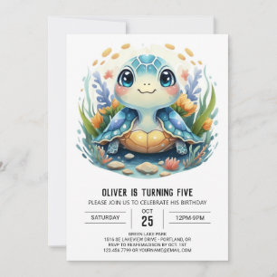 Whimsy Printable Watercolor Turtle Boy Birthday Einladung