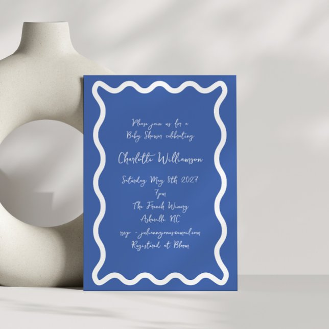 Whimsy Script Blue Scribble Border Baby Dusche Einladung (Von Creator hochgeladen)