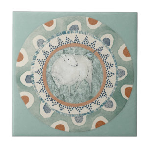 Whimsy Sheep & Bird Mint Blau Terrakotta Aqua Fliese