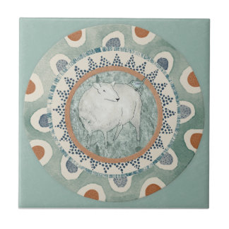 Whimsy Sheep & Bird Mint Blau Terrakotta Aqua Fliese
