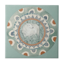 Whimsy Sheep & Bird Mint Blue Terracotta Aqua Fliese