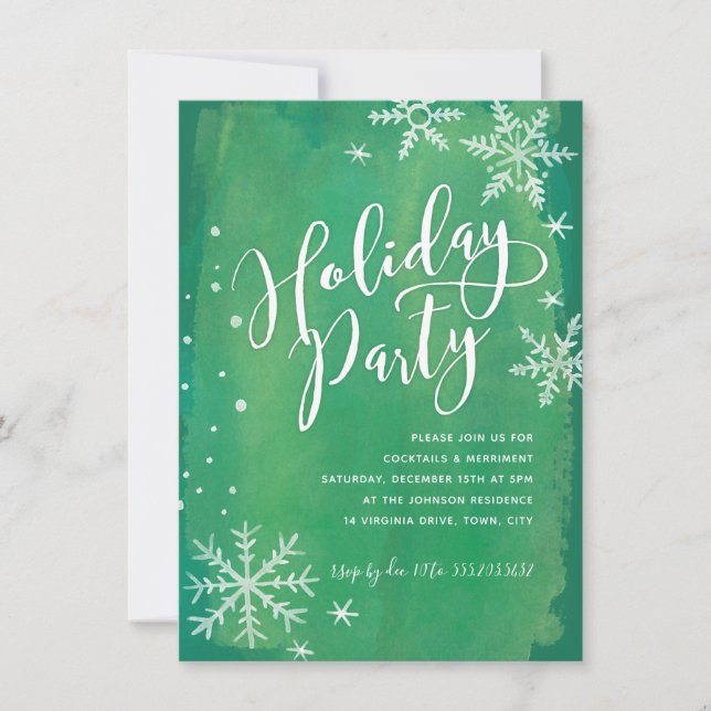 Whimsy Snowflakes | Green Holiday Party Einladung (Vorderseite)