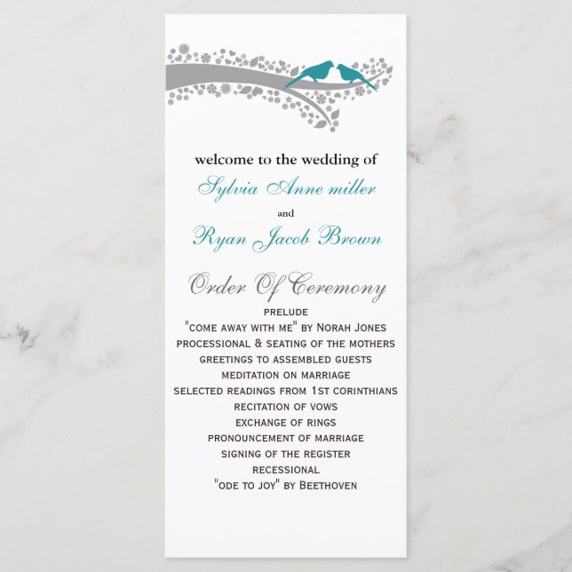 Whimsy tree blue lovebirds Hochzeitsprogramm Programm (Vorderseite)