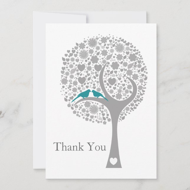 whimsy tree blue lovebirds Mod Hochzeit Vielen Dan Dankeskarte (Vorderseite)