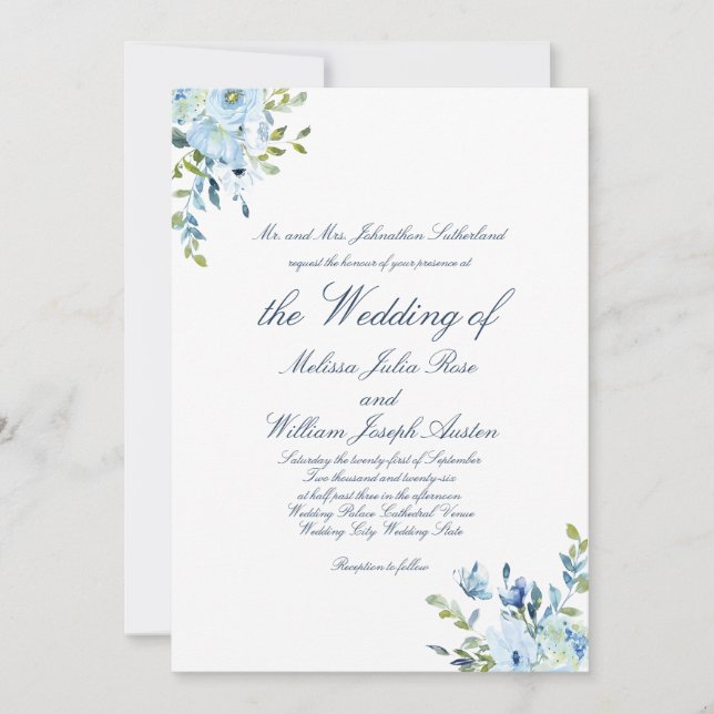 Whimsy Watercolor Blue Botanical Script Wedding Einladung (Vorderseite)