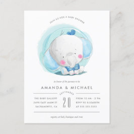 Whimsy Watercolor Elephant Blue Boy's Baby Shower Einladungspostkarte