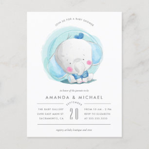 Whimsy Watercolor Elephant Blue Boy's Baby Shower Einladungspostkarte