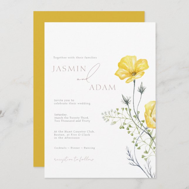 Whimsy-Wildblumen Mustard Yellow Monogram Wedding Einladung (Vorne/Hinten)