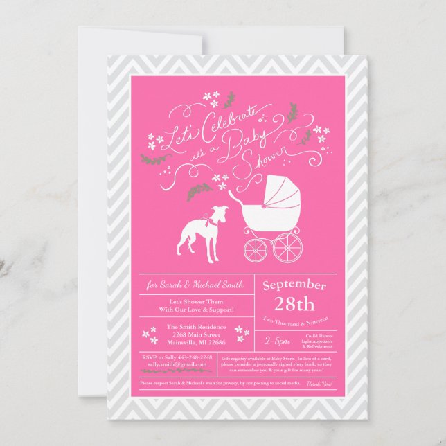 Whippet Dog Baby Shower Girl Pink Einladung (Vorderseite)