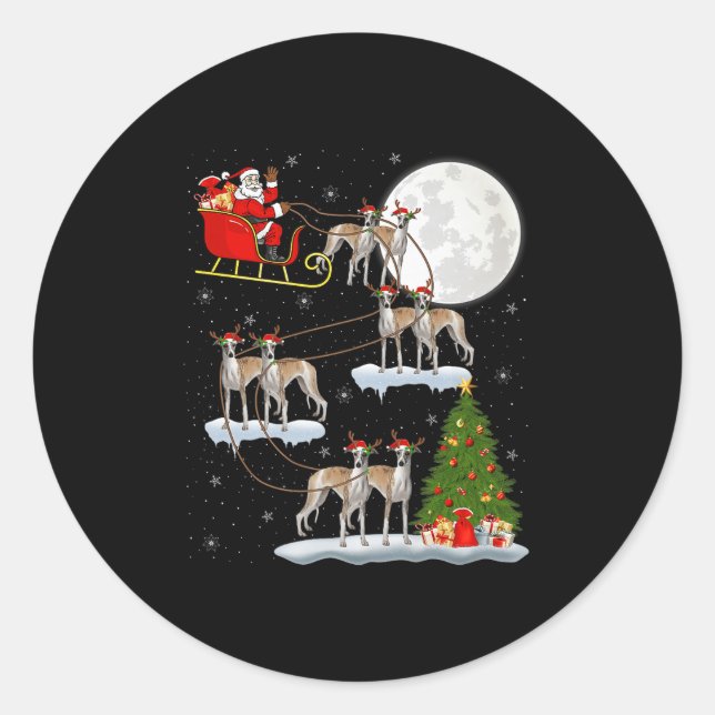 Whippet Dog Santa Sleigh Flying Funny Magical Chri Runder Aufkleber (Vorderseite)