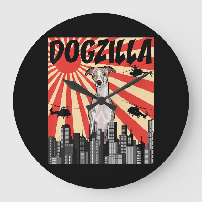 Whippet-Geschenk | lustige japanische Dogzilla-Pei Große Wanduhr (Vorderseite)