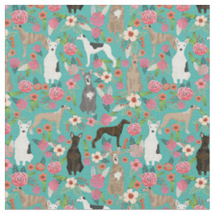 Whippet-Hunde Vintage-Blumen Türkis Stoff