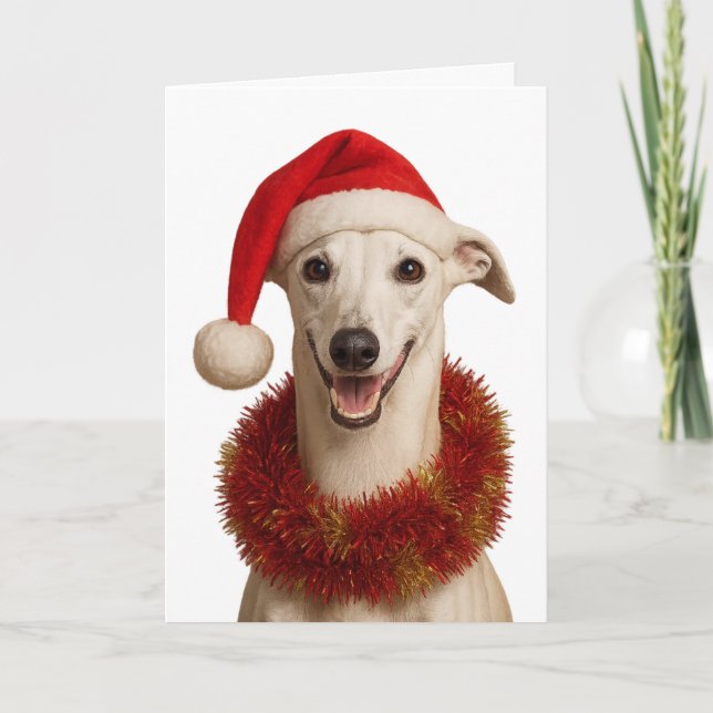 Whippet in a Santa hat Christmas greetings card Karte (Vorderseite)