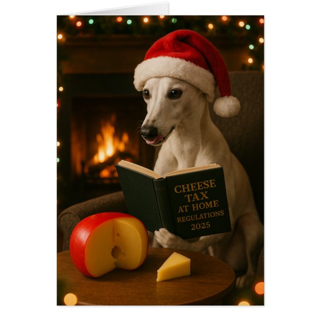 Whippet 'Käse-Steuer' Weihnachtskarte weiß/creme (Vorne)