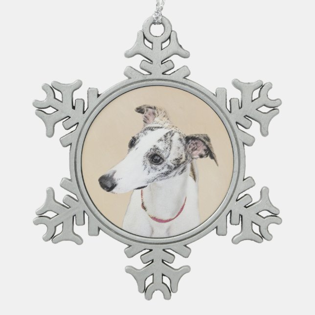 Whippet-Malerei - Niedliche Original-Hundekunst Schneeflocken Zinn-Ornament (Vorderseite)