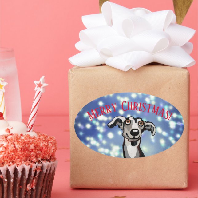 Whippet Sternennacht, Frohe Weihnachten Ovaler Aufkleber (Party)