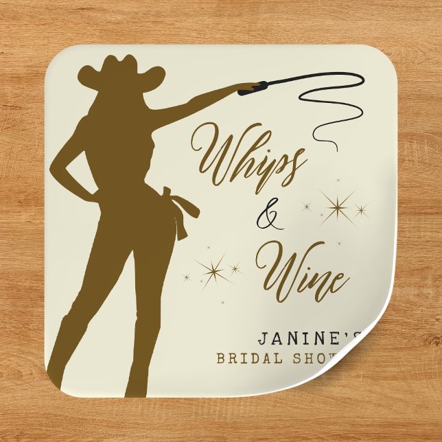 Whips & Wine Cowgirl Brautparty Quadratischer Aufkleber (Whips & Wine Cowgirl Bridal Shower Square Sticker
)