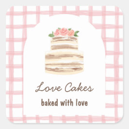 Whisk & Warmth Pink Gingham Watercolor Torte Bäcke Quadratischer Aufkleber