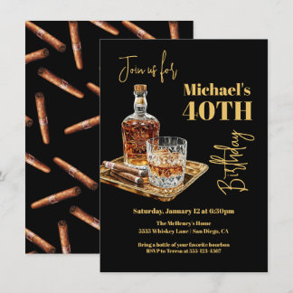 Whiskey Bourbon und Cigar Birthday Gold Tray Einladung
