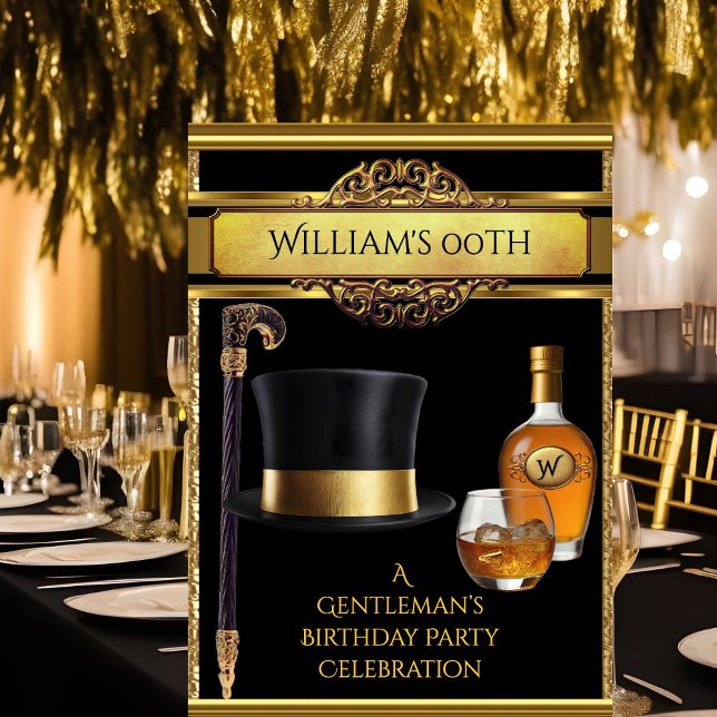 Whiskey Gentlemen Elegant Gold Black Birthday Einladung (Von Creator hochgeladen)