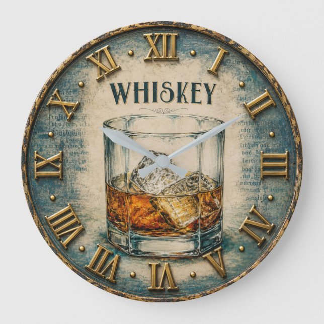 Whiskey Glass Bar Decor Große Wanduhr (Vorderseite)