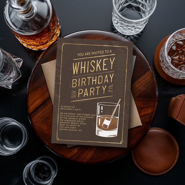 Whiskey Imitate Gold Leather Elegant 50. Geburtsta Einladung (whiskey 50th birthday party invitation men husband partner elegant tasting modern classy)