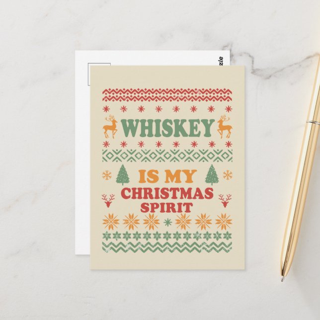 Whiskey ist mein Weihnachtsgeist lustig hässlicher Postkarte (Vorderseite/Rückseite Beispiel)