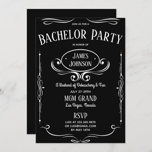 Whiskey Label Bachelor (ette) Party Einladung (Vorne/Hinten)
