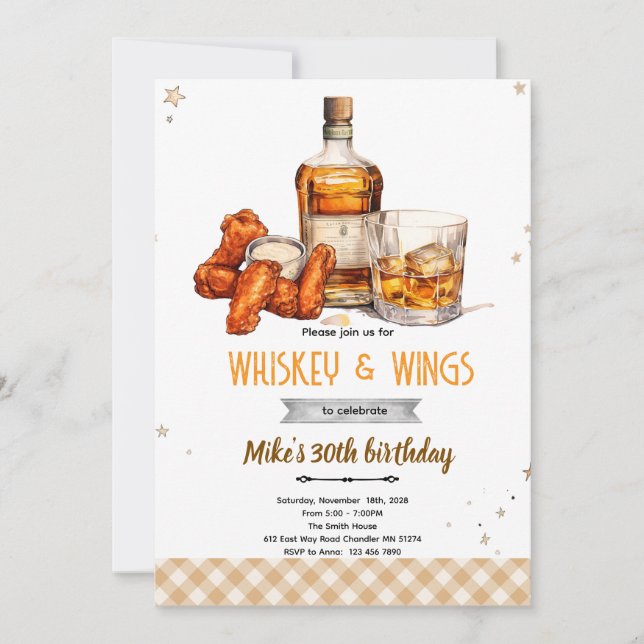 Whiskey- und Wings-Party-Einladung Einladung (Vorderseite)