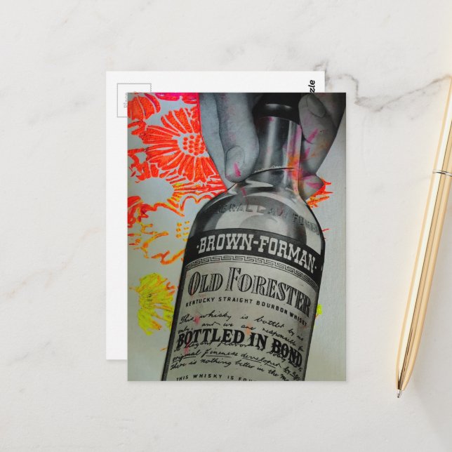 Whisky-Flaschen-Blumen-Bond-Collage Postkarte (Vorderseite/Rückseite Beispiel)