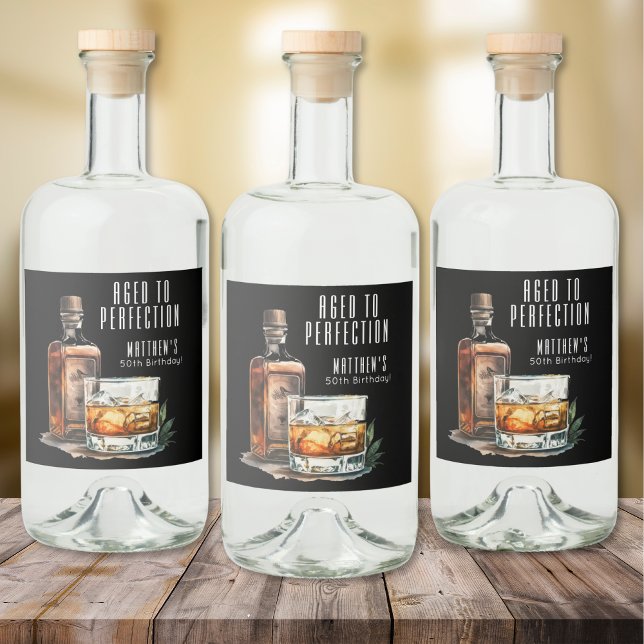 Whisky für den perfekten Herren-Geburtstag Alkoholflaschenetikett (Aged To Perfection Whiskey Men's Birthday Liquor Bottle Label )