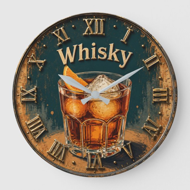 Whisky Glass Bar Decor Große Wanduhr (Vorderseite)