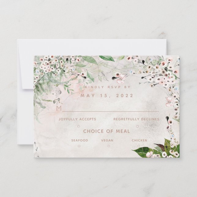 Whisper & Blush Wedding 3 Meal Choice RSVP Card Karte (Vorderseite)