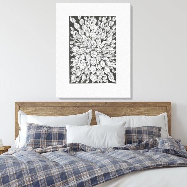 Whispering Leaves: Minimal Black & White Doodle Leinwanddruck (Insitu (Schlafzimmer))