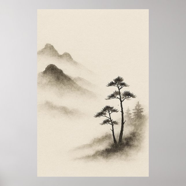 Whispers of Mist: Ink-Wash Mountain Tranquility Poster (Vorne)