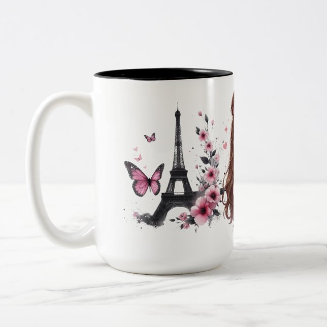 Whispers of Paris Petals Over the Eiffel A Butterf Zweifarbige Tasse (Links)