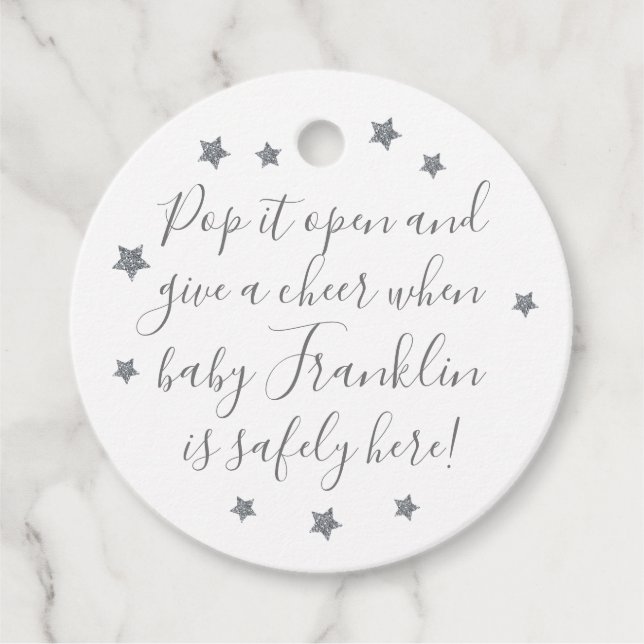 Whit & Silver Boy Baby Dusche Champagner Gefallen  Geschenkanhänger (Vorderseite)
