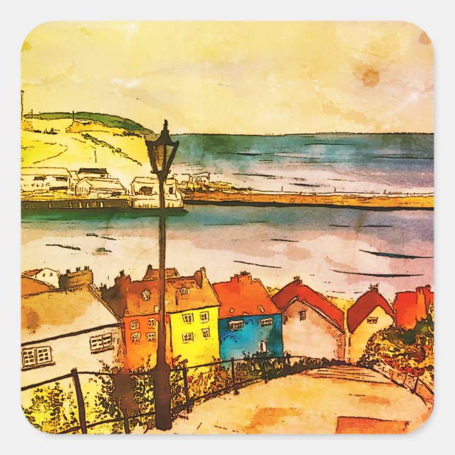 Whitby Yorkshire 199 Steps Original Quadratischer Aufkleber (Vorderseite)