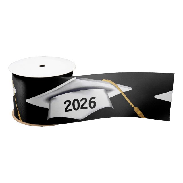 White 2026 Graduation Caps On Black Satinband (Spule)