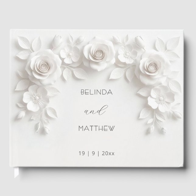 White 3D Floral Roses | Wedding Gästebuch (Vorderseite)