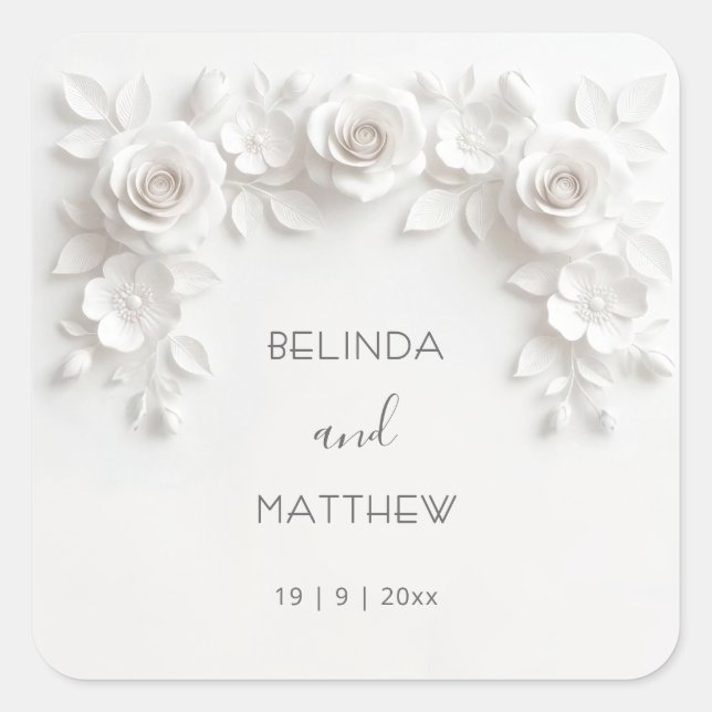 White 3D Floral Roses | Wedding Quadratischer Aufkleber (Vorderseite)
