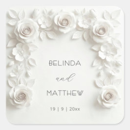 White 3D Floral Roses | Wedding Quadratischer Aufkleber