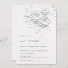 White 3D Flowers Roses Minimalist Wedding Invitati Einladung