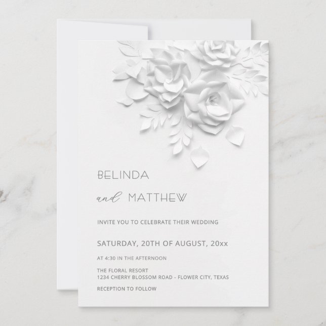White 3D Flowers Roses Minimalist Wedding Invitati Einladung (Vorderseite)