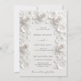 White 3D Roses Frame Wedding Simple Einladung
