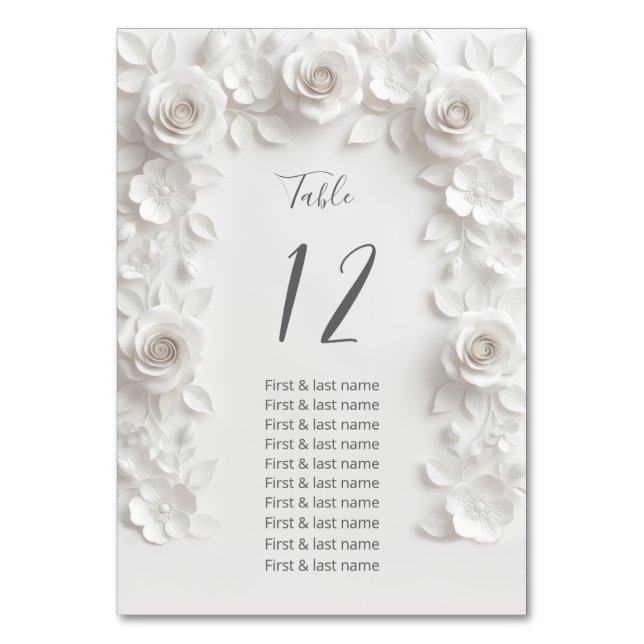 White 3D Roses Wedding Guest Names  Tischnummer (Vorderseite)
