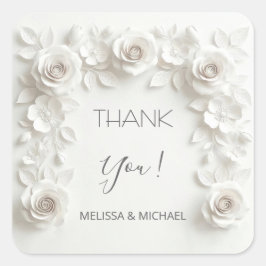 White 3D Roses Wedding Thank You Quadratischer Aufkleber