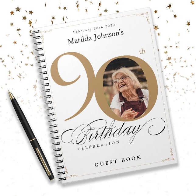 White 90. Birthday Gold Elegant Script Gästebuch Notizblock (White 90th Birthday Gold Elegant Script Guestbook Notebook)